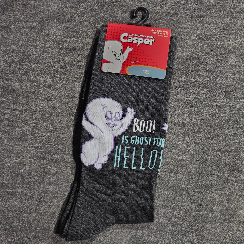 Casper The Friendly Ghost Mens Crew Socks Gray Boo Is Ghost For Size 6.5-12